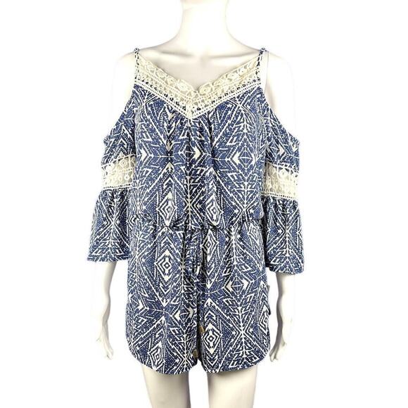 City Triangles Pants - City Triangles Boho Romper Small Off Shoulder Blue Ivory Crochet Festival NWT
